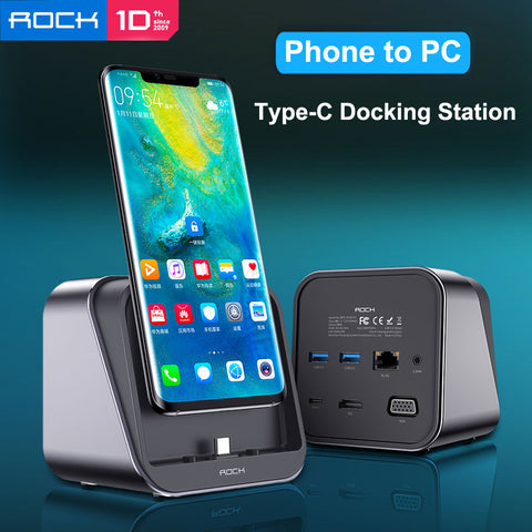 ROCK Cloud-on Type-C Docking Station 4K Phone to PC Office Helper HDMI&VGA Output Network Connection PD Fast Charger Stand